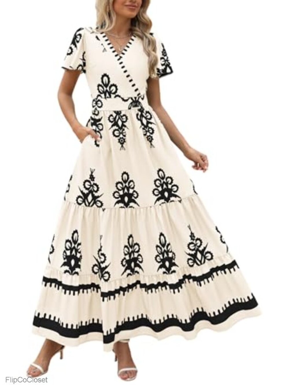 Boho Floral V-Neck Maxi Dress with Pockets - Casual A-Line Tiered